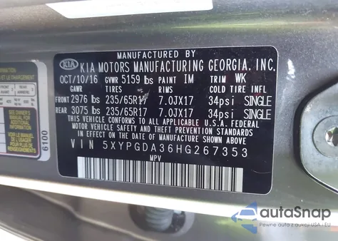 2017 Kia Sorento 2.4L Lx z USA, uszkodzony, nr VIN 5XYPGDA36HG267353